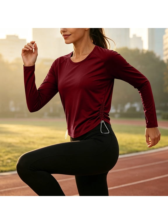 Womens Active Long Sleeve Tunic Tops Crew Neck Drawstring Waist Workout Shirts for Gym Running,Size XL