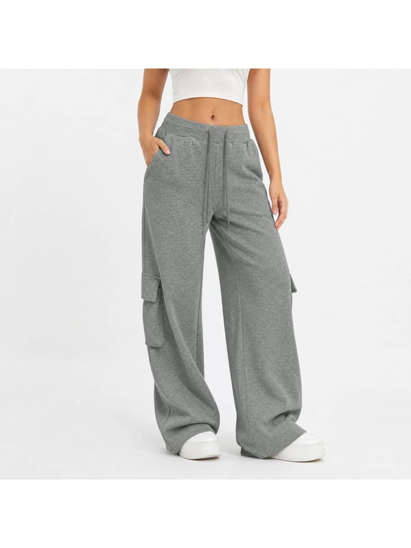 Womens Baggy Sweatpants with Pockets - High Waisted Wide Leg Casual Lounge Pants, Heather Gray,Size 2XL