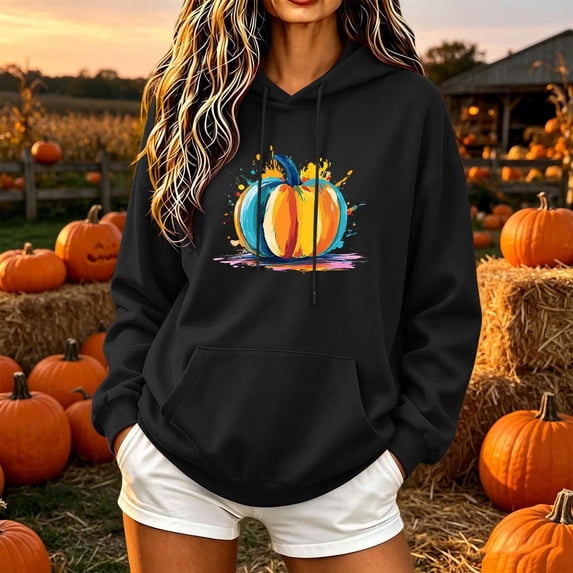 ABSUYY Womens Black Pumpkin Graphic Fall Hoodie Long Sleeve Casual Pullover Sweatshirt,Size XL