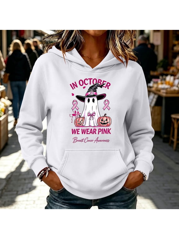 Womens Breast Cancer Awareness Hoodie Pink Ribbon Hall-oween Graphic Pullover Sweatshirt,Size 2XL