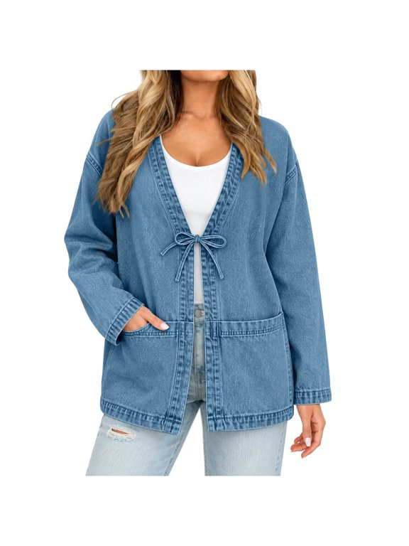 Womens Casual Denim Jacket Long Sleeve Lightweight Open Front Tie Knot with Pockets Blue,Size S