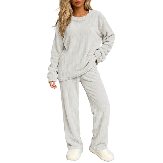 ABSUYY Womens Cozy Oversized Ribbed Fleece Lounge Set Crew Neck Long Sleeve Straight Leg Pants White,Size Free Size