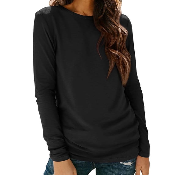 ABSUYY Womens Crew Neck Long Sleeve T-Shirt Casual Solid Basic Tee with Side Ruched Detail Black,Size 2XL