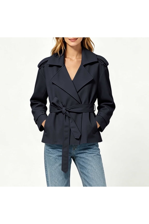 Womens Cropped Belted Trench Coat Navy, Relaxed Fit Lightweight Spring Fall Jacket with Pockets & Cuffs,Size L