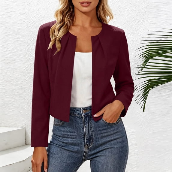 ABSUYY Womens Cropped Open Front Blazer Long Sleeve Business Casual Jacket Wine,Size XL,Size XL