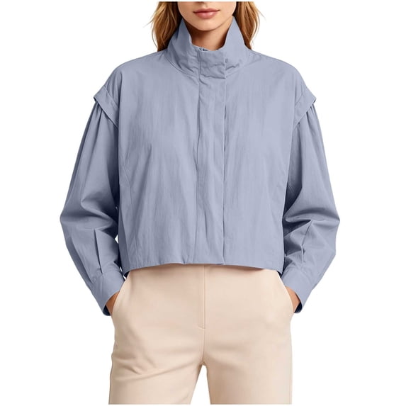 ABSUYY Womens Cropped Oversized Relaxed Fit Lightweight Jacket Stand Collar Zip Up Light Blue,Size S