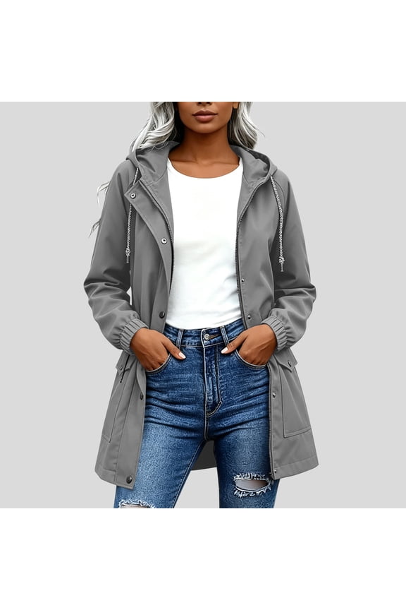 Womens Full Zip Hooded Utility Jacket, Lightweight Casual Spring Fall Outerwear with Pockets, Gray S-XXL,Size S
