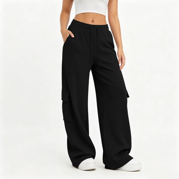 ABSUYY Womens High Waisted Drawstring Sweatpants - Loose Fit Casual Cargo Pants with Pockets, Black,Size M