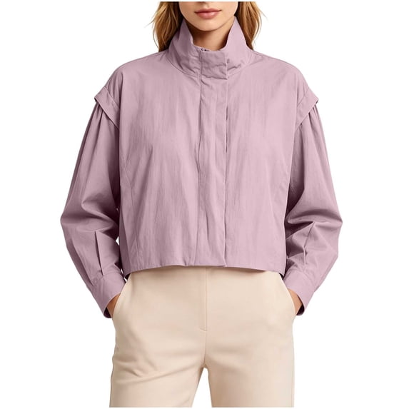 ABSUYY Womens Lightweight Oversized Cropped Jacket Stand Collar Zip Up Pink,Size XS