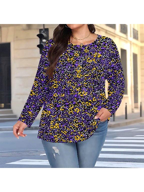 Womens Long Sleeve Abstract Print Round Neck Blouse, Purple Casual Plus Size,Size 2XL