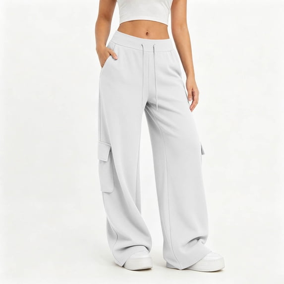 ABSUYY Womens Loose Fit Wide Leg Pants - Casual Sweatpants with Cargo Pockets and Drawstring Waist, Off-White,Size M