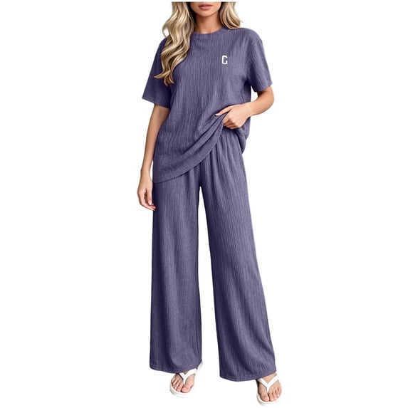 ABSUYY Womens Loungewear Set Two Piece Ribbed Knit Wide Leg Pants Crew Neck Short Sleeve Oversized Relaxed Fit Gray,Size Free Size