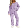 thumbnail image 1 of ABSUYY Womens Oversized 2 Piece Ribbed Fleece Loungewear Set Crew Neck Long Sleeve Straight Leg Pants Purple,Size Free Size, 1 of 5