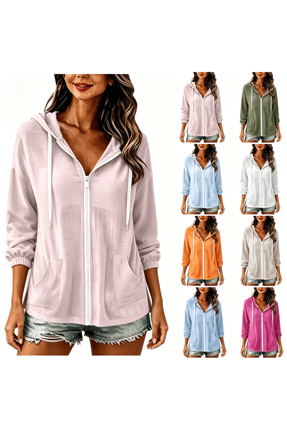 Womens Pink Lightweight Cotton Line Full Zip Hoodie, Relaxed Casual Long Sleeve Cover Up,Size L