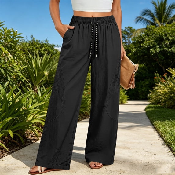 ABSUYY Womens Plus Size Wide Leg Pants with Pockets Black Drawstring Elastic Waist Lightweight Lounge Pants,Size XL