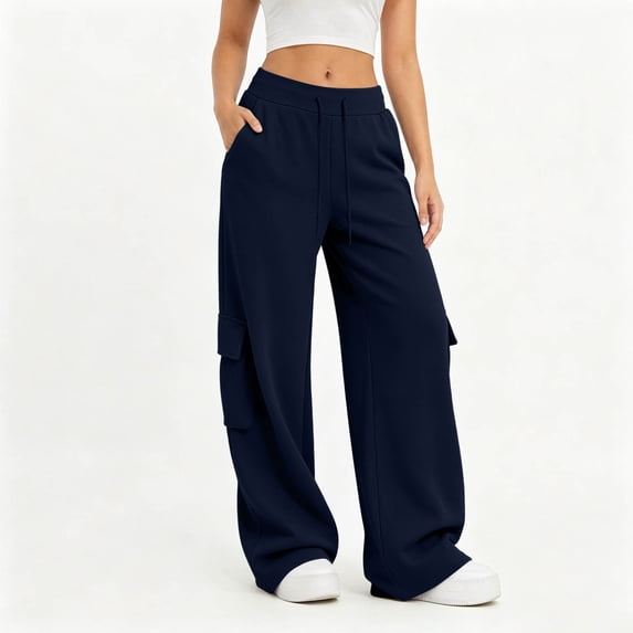 ABSUYY Womens Relaxed Fit Cargo Sweatpants - Wide Leg Lounge Bottoms with Drawstring Waist, Navy,Size 2XL