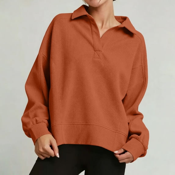 ABSUYY Womens Relaxed Fit Polo Neck Waffle Knit Pullover, Orange Long Sleeve Casual Everyday Top,Size M