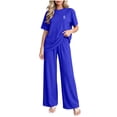 thumbnail image 1 of ABSUYY Womens Ribbed Knit Loungewear Matching Set Two Piece Wide Leg Pants Oversized Crew Neck Short Sleeve Blue,Size Free Size, 1 of 7