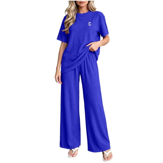 ABSUYY Womens Ribbed Knit Loungewear Matching Set Two Piece Wide Leg Pants Oversized Crew Neck Short Sleeve Blue,Size Free Size