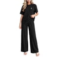 thumbnail image 1 of ABSUYY Womens Ribbed Knit Loungewear Set Two Piece Wide Leg Pants Crew Neck Short Sleeve Oversized Relaxed Fit Black,Size Free Size, 1 of 6