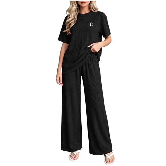 ABSUYY Womens Ribbed Knit Loungewear Set Two Piece Wide Leg Pants Crew Neck Short Sleeve Oversized Relaxed Fit Black,Size Free Size