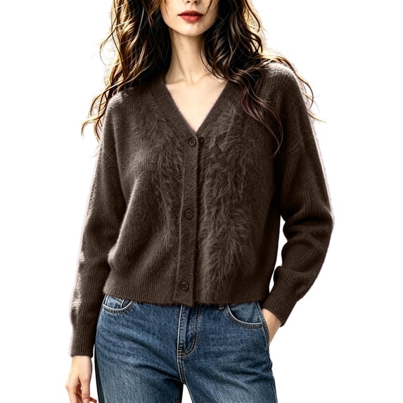 ABSUYY Womens Soft Fuzzy V Neck Cardigan, Cropped Button Down Sweater Jacket, Lightweight Knit Top,Size S