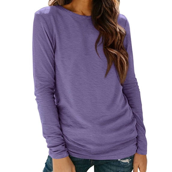 ABSUYY Womens Solid Long Sleeve Crew Neck T-Shirt Casual Stretchy Basic Tee with Ruched Sides Purple,Size L