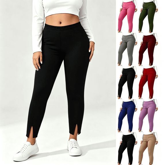 ABSUYY Womens Split Hem Yoga Leggings, Stretchy Pencil Cropped Pants, Casual Elastic Waist Trousers, Black, Size 5XL