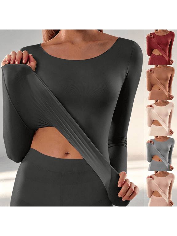 Womens Thermal Underwear Top, Long Sleeve Round Neck Seamless Base Layer, Stretchy Warm Slim Fit Shirt, Black,Size L