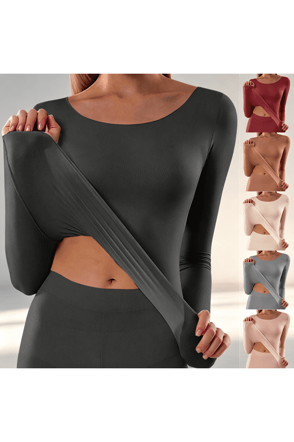 Womens Thermal Underwear Top, Long Sleeve Round Neck Seamless Base Layer, Stretchy Warm Slim Fit Shirt, Black,Size L