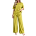 thumbnail image 1 of ABSUYY Womens Two Piece Wide Leg Pants Loungewear Set Ribbed Knit Crew Neck Short Sleeve Oversized Green,Size Free Size, 1 of 7