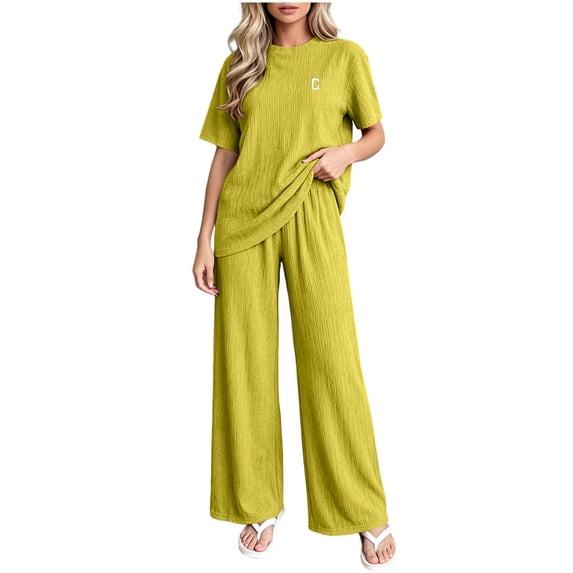 ABSUYY Womens Two Piece Wide Leg Pants Loungewear Set Ribbed Knit Crew Neck Short Sleeve Oversized Green,Size Free Size