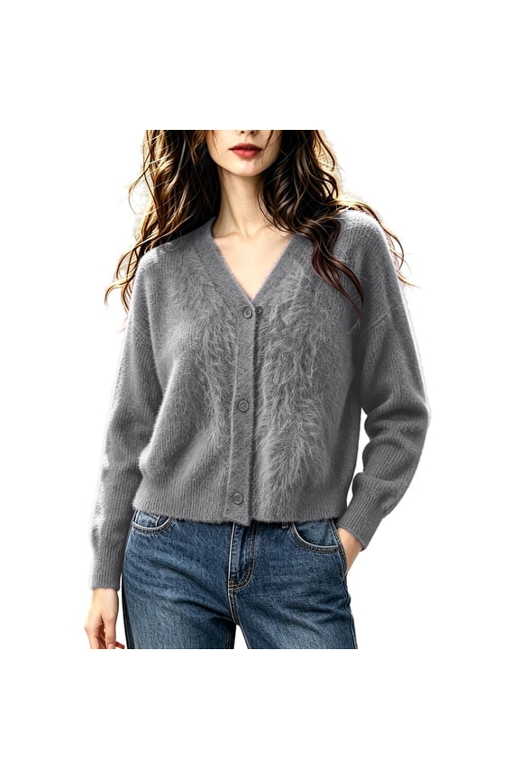 Womens V Neck Cropped Cardigan, Fuzzy Button Down Sweater Jacket, Soft Knit Top for Fall,Size M