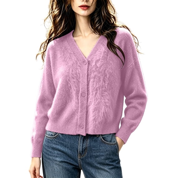 ABSUYY Womens V Neck Fuzzy Cardigan, Cropped Button Down Knit Jacket, Soft Lightweight Sweater Top,Size L