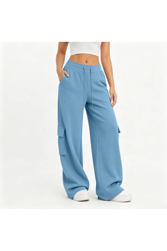 Womens Wide Leg Cargo Pants - Loose Fit High Waisted Sweatpants with Drawstring, Light Sky Blue,Size 2XL