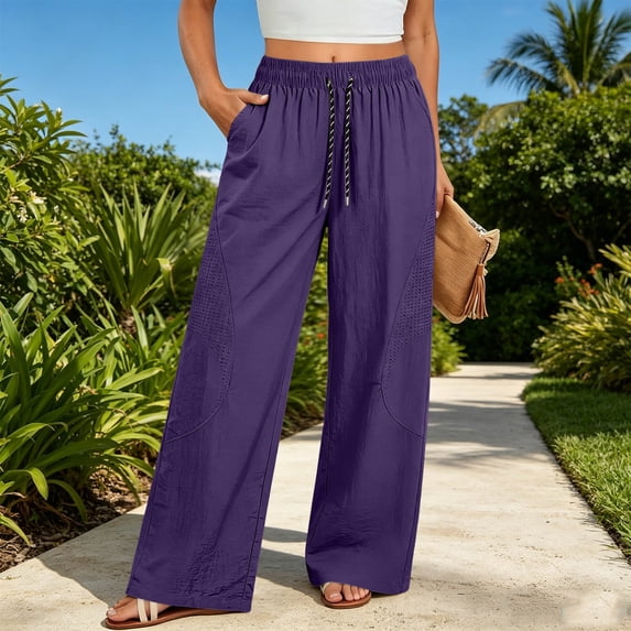 ABSUYY Womens Wide Leg Pants Purple Drawstring Elastic Waist Lightweight Palazzo Lounge Pants with Pockets,Size 3XL