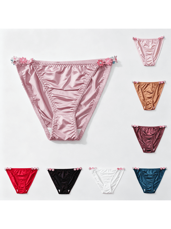 Womens Wine Satin Bikini Panties, Low Rise Nylon Spandex Stretch Floral Breathable Daily Briefs,Size S