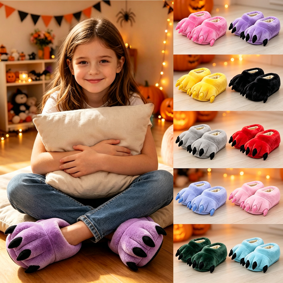 ABSUYY Boys Girls Claw Slippers, Soft Plush Monster Paw House Slippers Non-Slip Indoor Shoes, Purple,Size 7-12Y