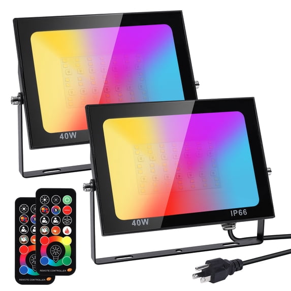 ABUKY 2 Pack RGB LED Flood Light 400W Equivalent, DIY Color Changing Stage Lights with Remote, Halloween Light, IP66 Indoor Outdoor Floor Strobe Light, Uplights for Event, Uplighting Party, Wall Wash