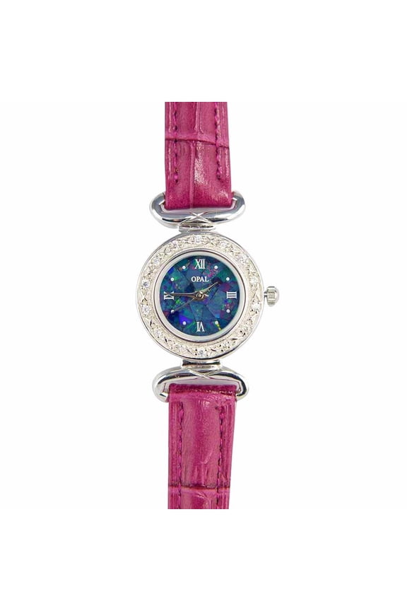 ABUNDANT RADIANCE WOMANS STERLING SLIVER OPAL WATCH WITH GENUINE FUCHSIA LEATHER BAND