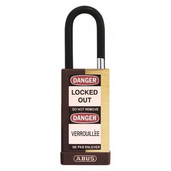 ABUS 20055 Keyed Padlock, Open, Rectangular Brass Body, Plastic Encased Hardened Steel Shackle, 3/4 in W