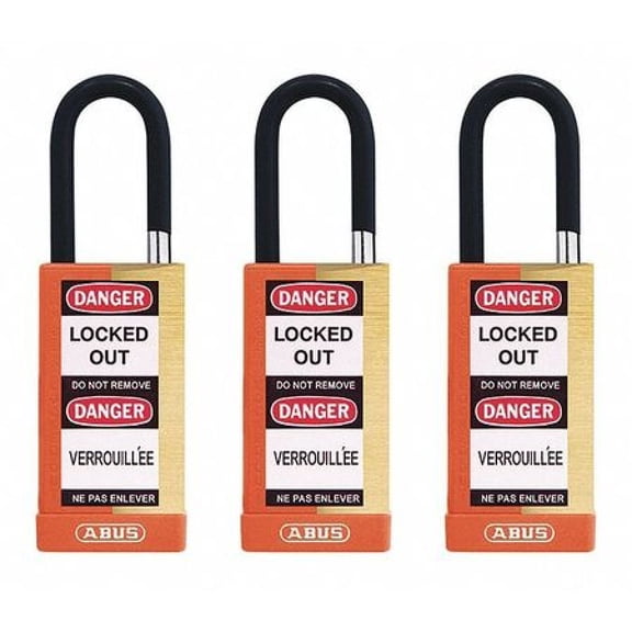 ABUS 20128 Keyed Padlock, Open, Rectangular Brass Body, Plastic Encased Hardened Steel Shackle, 3/4 in W