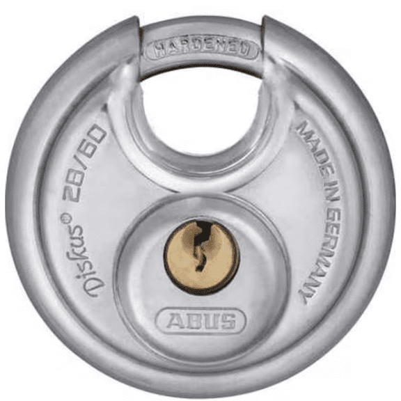 ABUS Disc Padlock Diskus 28/60 Stainless Steel Round Keyed Lock Weather Resistant 2 Keys