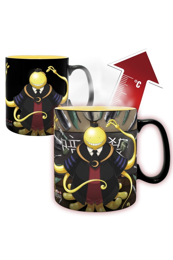 Assassination Classroom Koro Sensei Heat Change Mug, Ceramic, 16 Oz, Black, Temperature Reactive Design, Cylindrical Shape, Hand Wash Only
