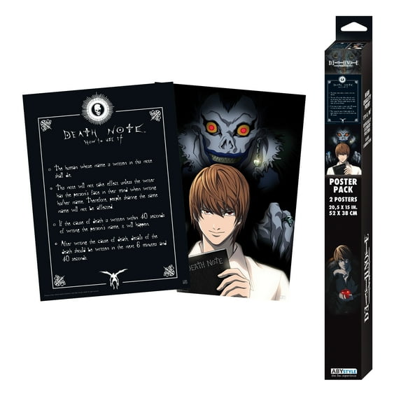 ABYstyle Death Note Boxed Poster Set – Light Yagami & Death Note Book – 15" x 20.5" Unframed Wall Art (2-Pack) – Official Anime Collectible for Room Decor