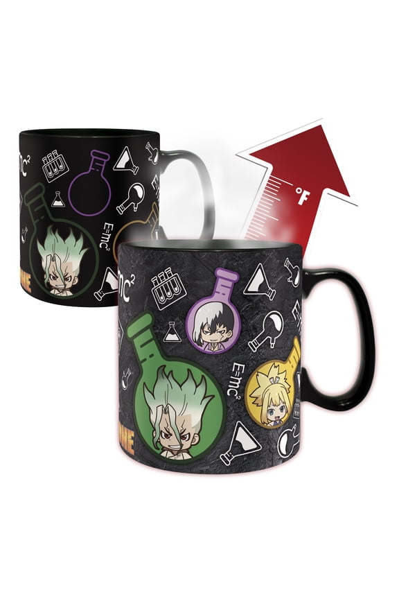 Officially Licensed Dr. Stone  Chibi Formula Heat Change Mug, 16 oz  Anime Coffee & Tea Cup Featuring Senku & Science Symbols  Anime Merch Gift