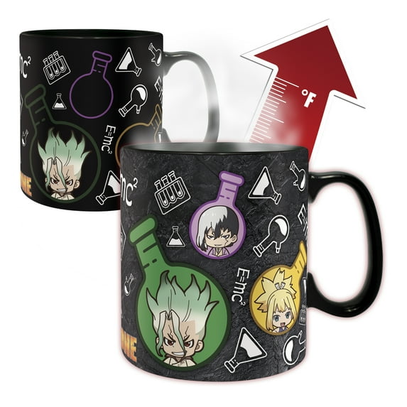 ABYstyle Officially Licensed Dr. Stone Chibi Formula Heat Change Mug, 16 oz – Anime Coffee & Tea Cup Featuring Senku & Science Symbols – Anime Merch Gift