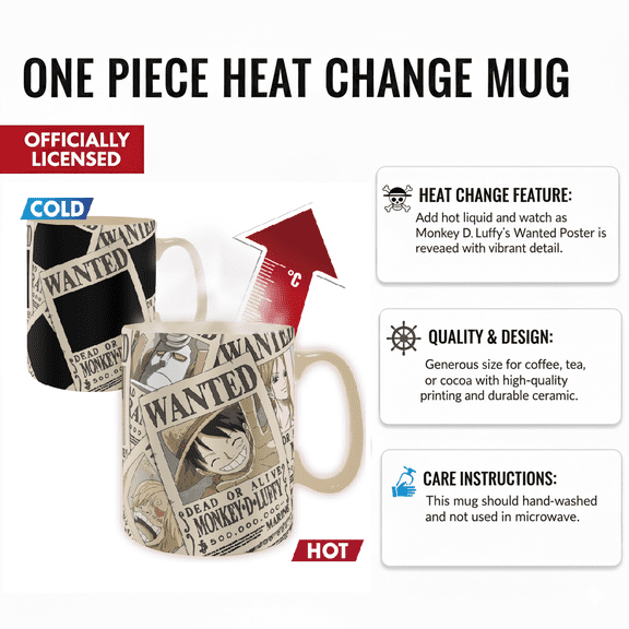ABYstyle One Piece Wanted Poster Heat-Change Mug, 16 oz Color-Changing Ceramic Anime Cup Luffy Mug for Coffee, Tea & Gifts