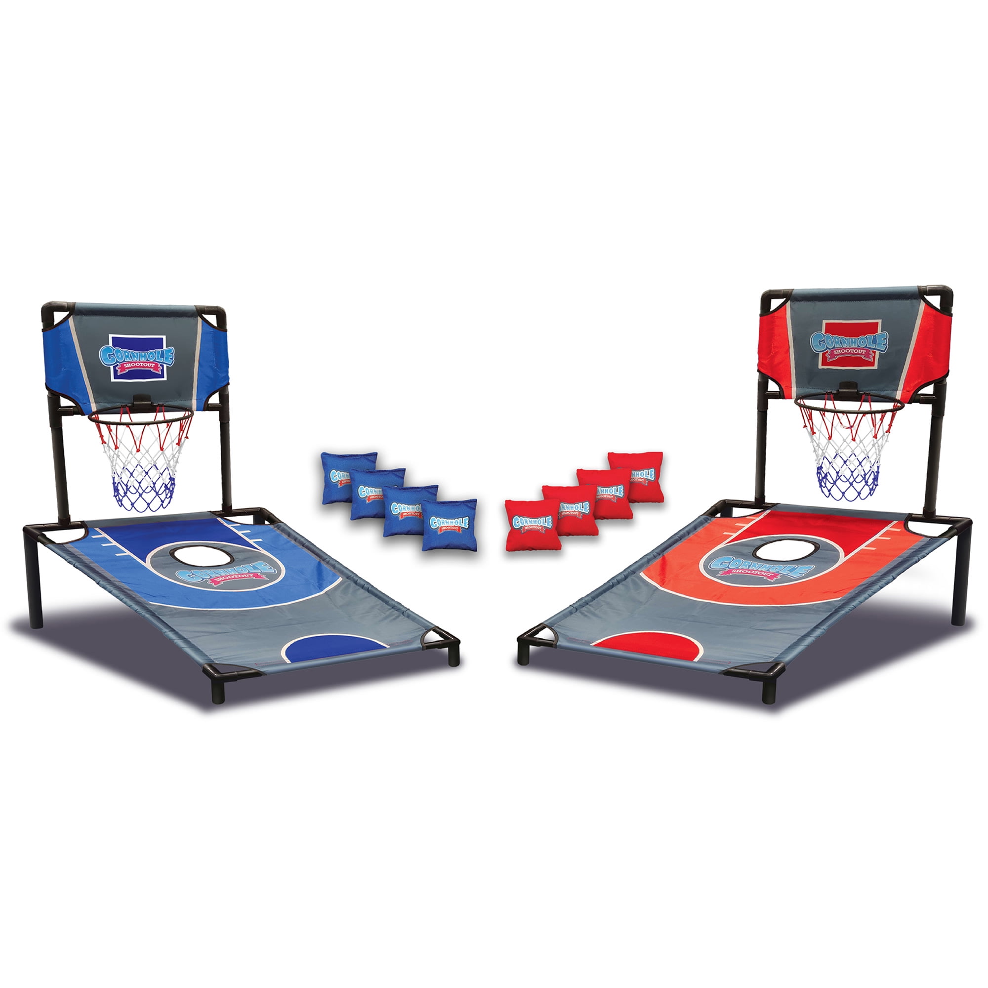 Dual Basketball and Cornhole Game Set with Red and Blue Bean Bags