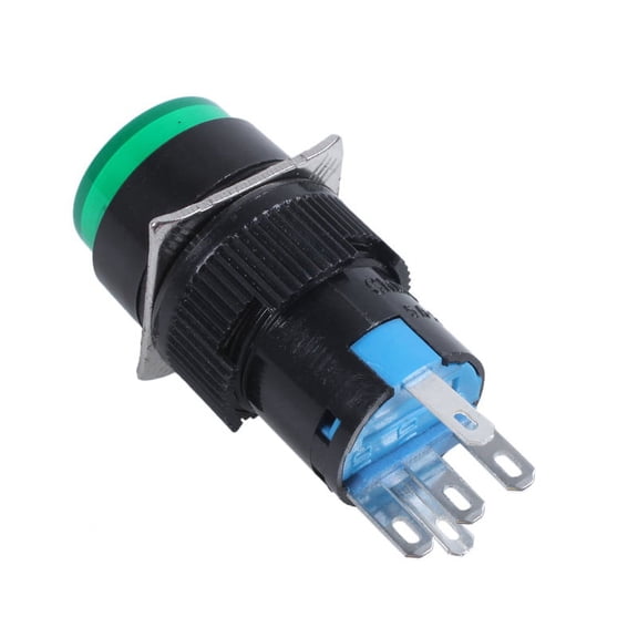 AC 250V 5A SPDT 1NO 1NC 5 Pins Latching Green Push Button Switch w 220V LED Lamp xc2505